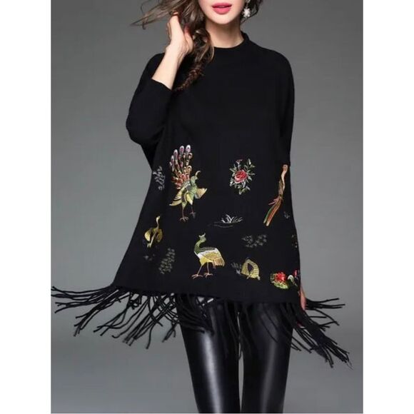 keyingyi Sweaters - Keyingyi Beauty & Dignity cashmere blend peacock embroidery fringe tunic sweater